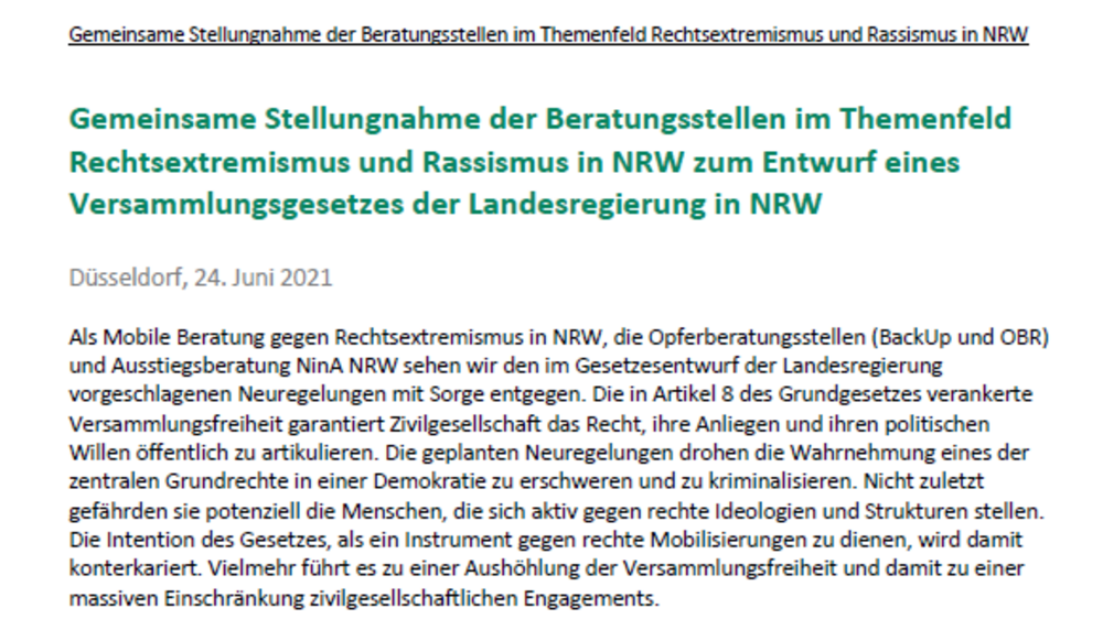 Gemeinsame Stellungnahme der Beratungsstellen im Themenfeld Rechtsextremismus und Rassismus in NRW zum Entwurf eines Versammlungsgesetzes der Landesregierung in NRW