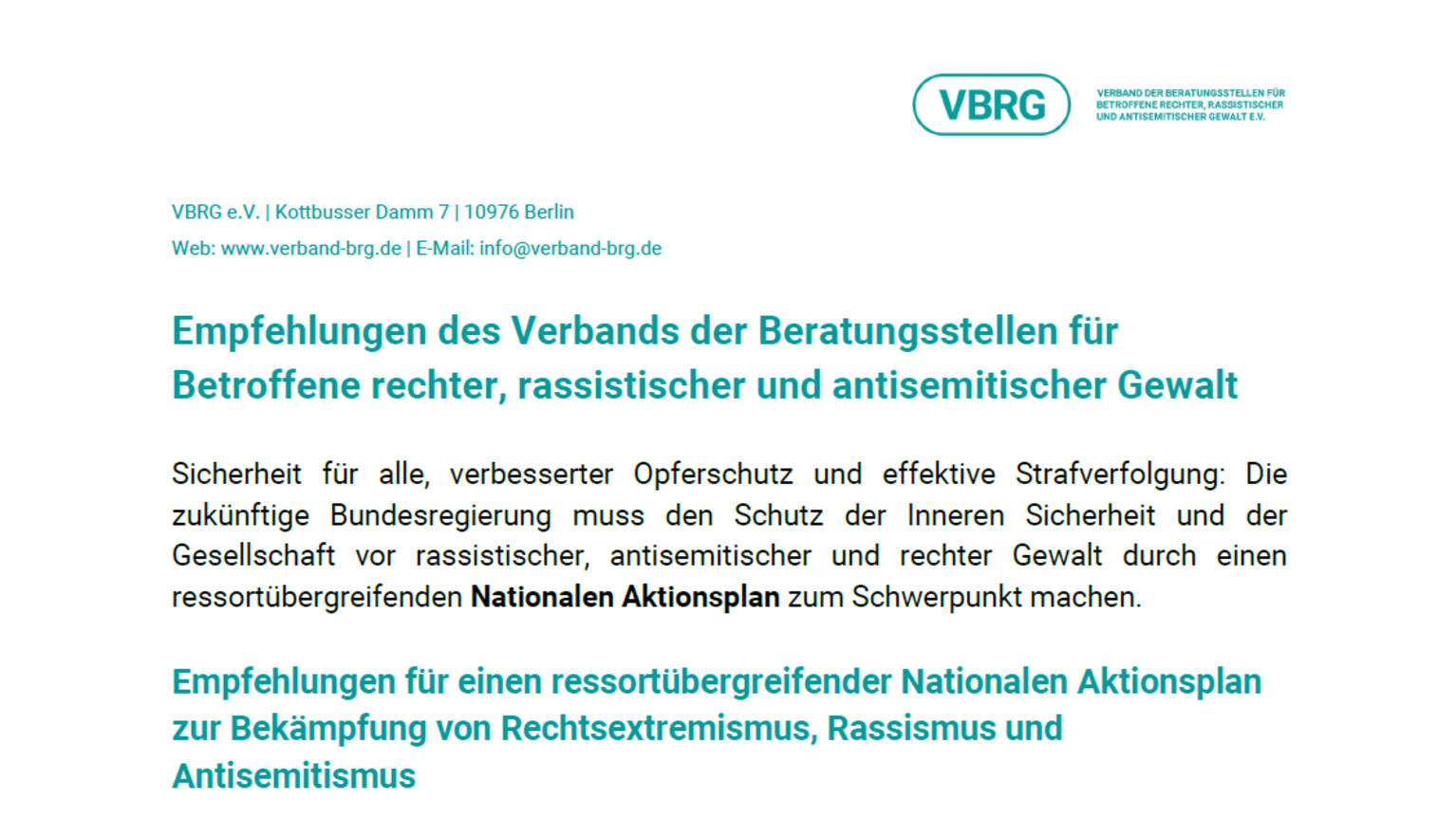 Nationaler Aktionsplan Empfehlungen VBRG