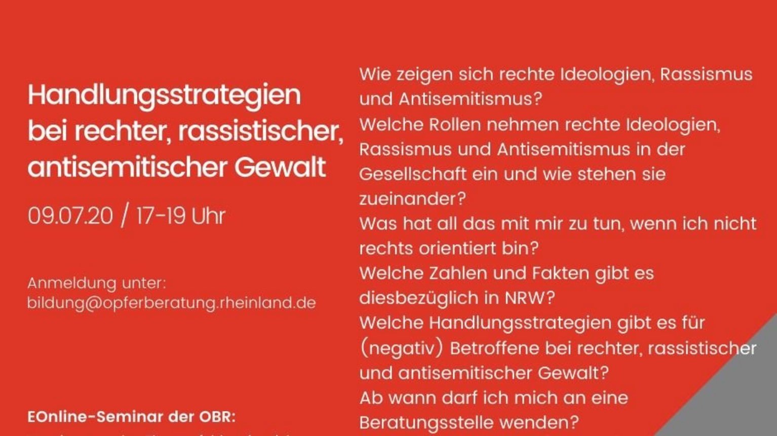 Online-Seminar: Handlungsstrategien bei rechter, rassistischer und antisemitischer Gewalt für Betroffene und Beteiligte Online-Seminar: Handlungsstrategien bei rechter, rassistischer und antisemitischer Gewalt für Betroffene und Beteiligte
