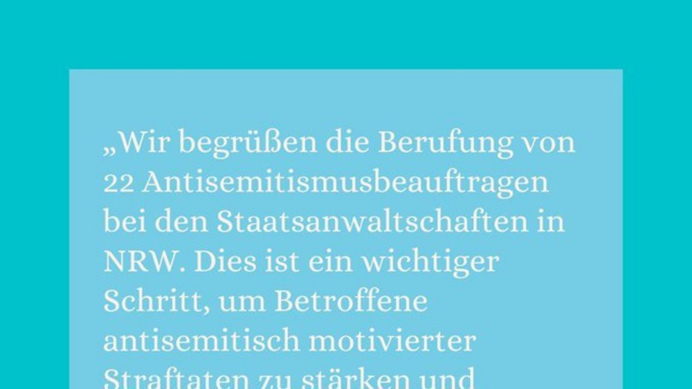„Wir begrüßen die Berufung von 22 Antisemitismusbeauftragen bei den Staatsanwaltschaften in NRW. Dies ist ein wichtiger Schritt, um Betroffene antisemitisch motivierter Straftaten zu stärken und strukturellem Antisemitismus effektiver begegnen zu können." Fabian Reeker, Leiter der Opferberatung Rheinland. Logo der Opferberatung Rheinland.