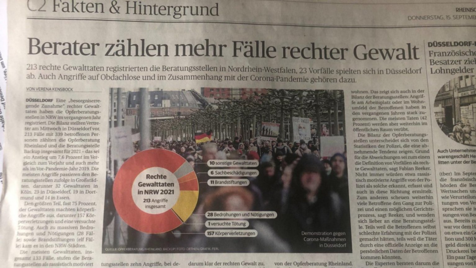 Artikel der Rheinischen Post (Print / Zeitung) vom 15.09.2022: Berater zählen mehr Fälle rechter Gewalt. Rheinische Post / Verena Kensbock.